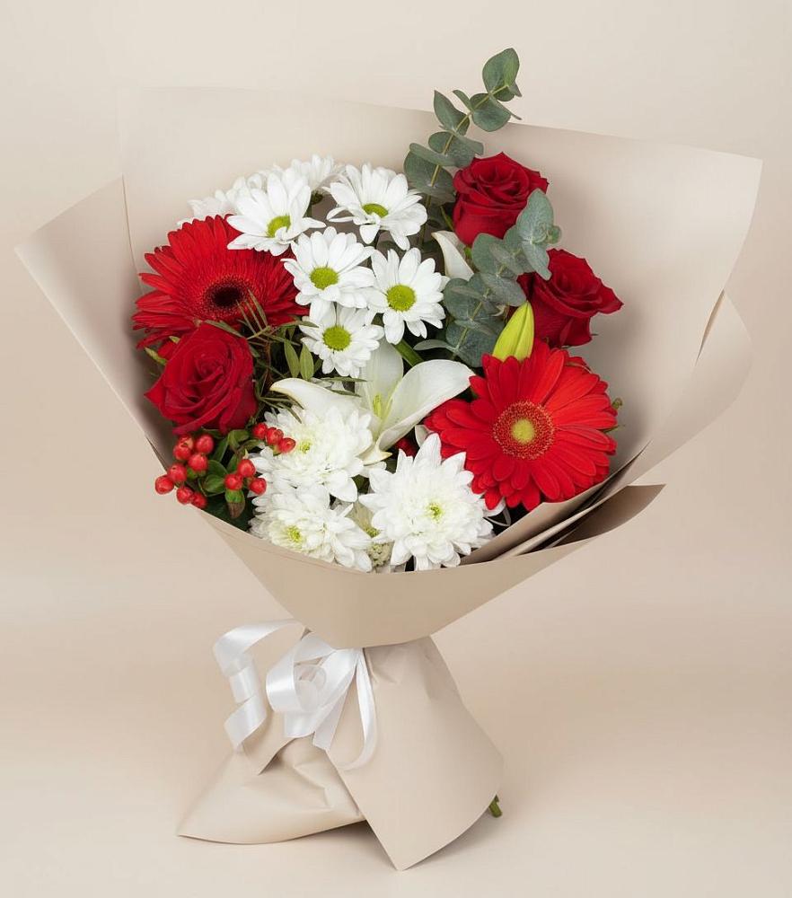 Букет цветов из: Розы, Хризантемы, Герберы и Лилии в Уинское